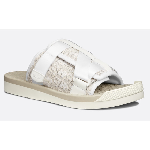 Dior Men Alpha Sandal White Beige Oblique Jacquard Logo Flat Slide Slip On 45 12 - Picture 1 of 12